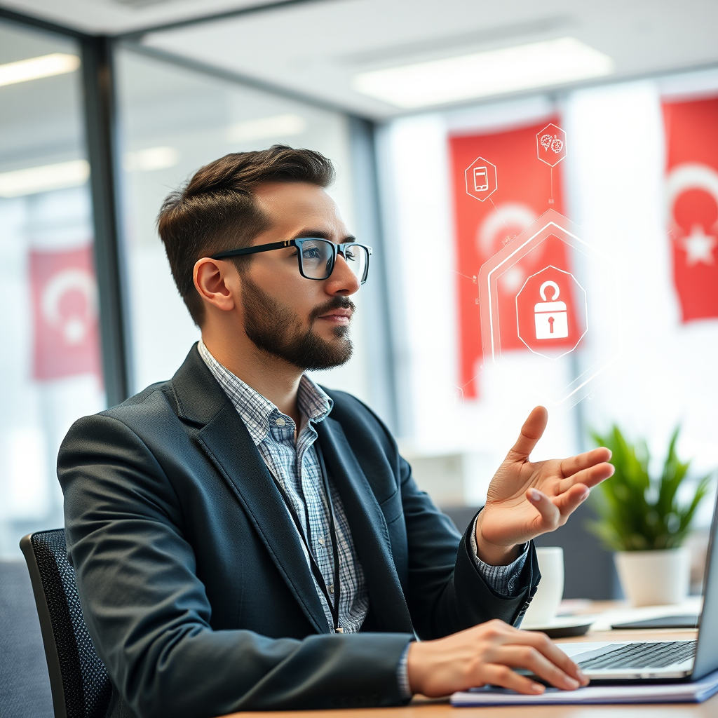 AI destekli motivasoon teknikleri ile çalışan bir profesyonel, modern ofis ortamında AI araçlarını kullanarak iş performansını artırıyor, Türkiye bayrakları ve teknoloji sembolleri arka planda